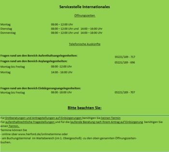 Bild vergr&ouml;&szlig;ern: �ffnungszeiten und telefonische Erreichbarkeit Servicestelle Internationales